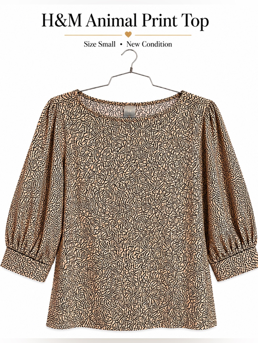 H&M Beige Animal Print Puff Sleeve Top Size Small NWT Chic Blouse